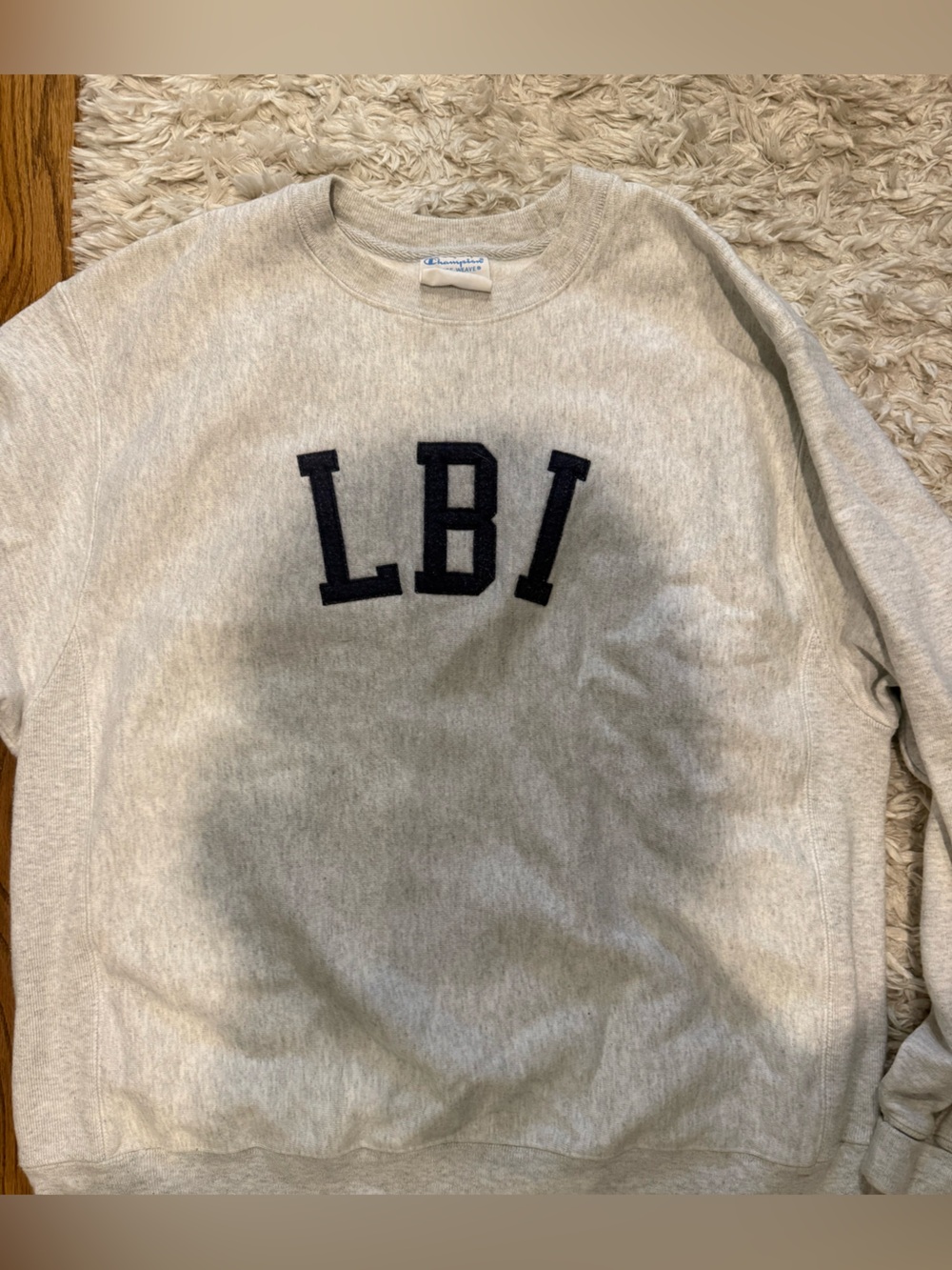 Champion Gray Long Beach Island Crewneck Sweatshirt With Navy Lbi.